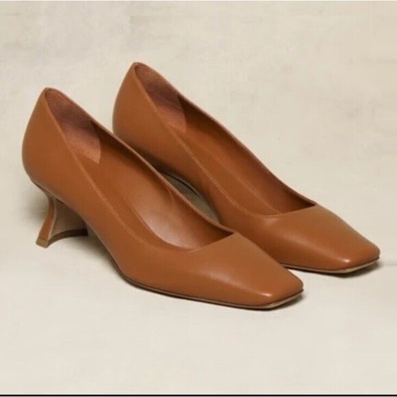 M.Gemi Square Toe Block Heels Shoes Cognac Brown Leather Italy Sz 37 / 6.5 US - Picture 2 of 11